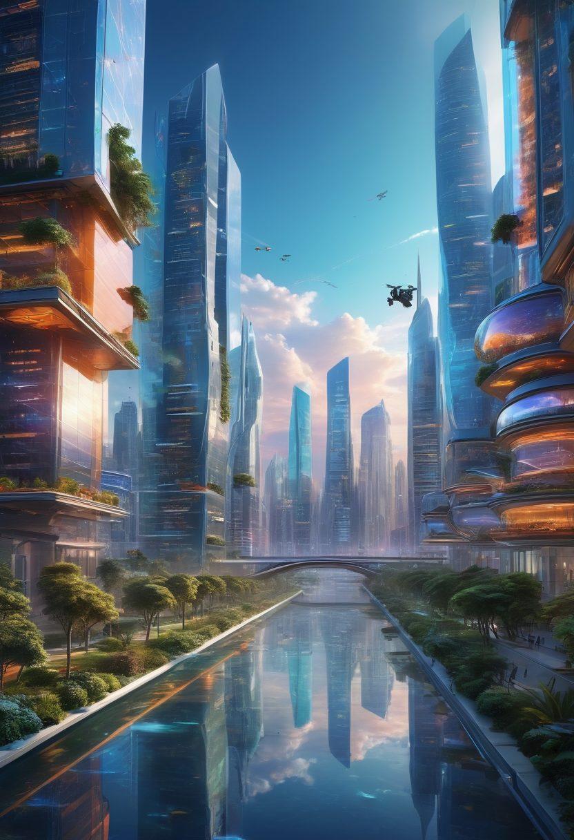 A futuristic city skyline showcasing advanced delforation technology, with transparent structures and greenery integrated into architecture. Include diverse people interacting with holographic displays that visualize data and scientific insights. The sky is vibrant with hues of blue and orange, symbolizing innovation and progress. Envision drones flying around, enhancing the sense of a tech-driven future. super-realistic. vibrant colors. futuristic style.