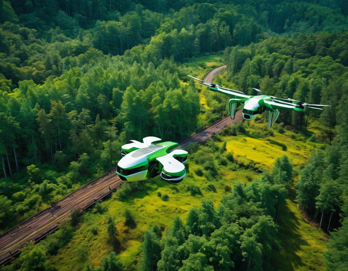 A visually striking representation of futuristic deforestation techniques, showcasing advanced technology like drones forging new paths in lush forests. Include vibrant green foliage intertwined with sleek machinery, hinting at sustainable practices. The background features a blend of a thriving ecosystem and innovative urban landscapes, symbolizing harmony between nature and technology. Emphasize dynamic colors and light to convey transformation. super-realistic. vibrant colors. dynamic contrast.